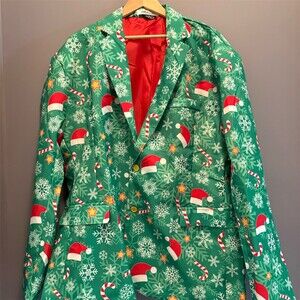 Offstream Men's Christmas Holiday Blazer Sport Coat Green 2XL Santa Hat